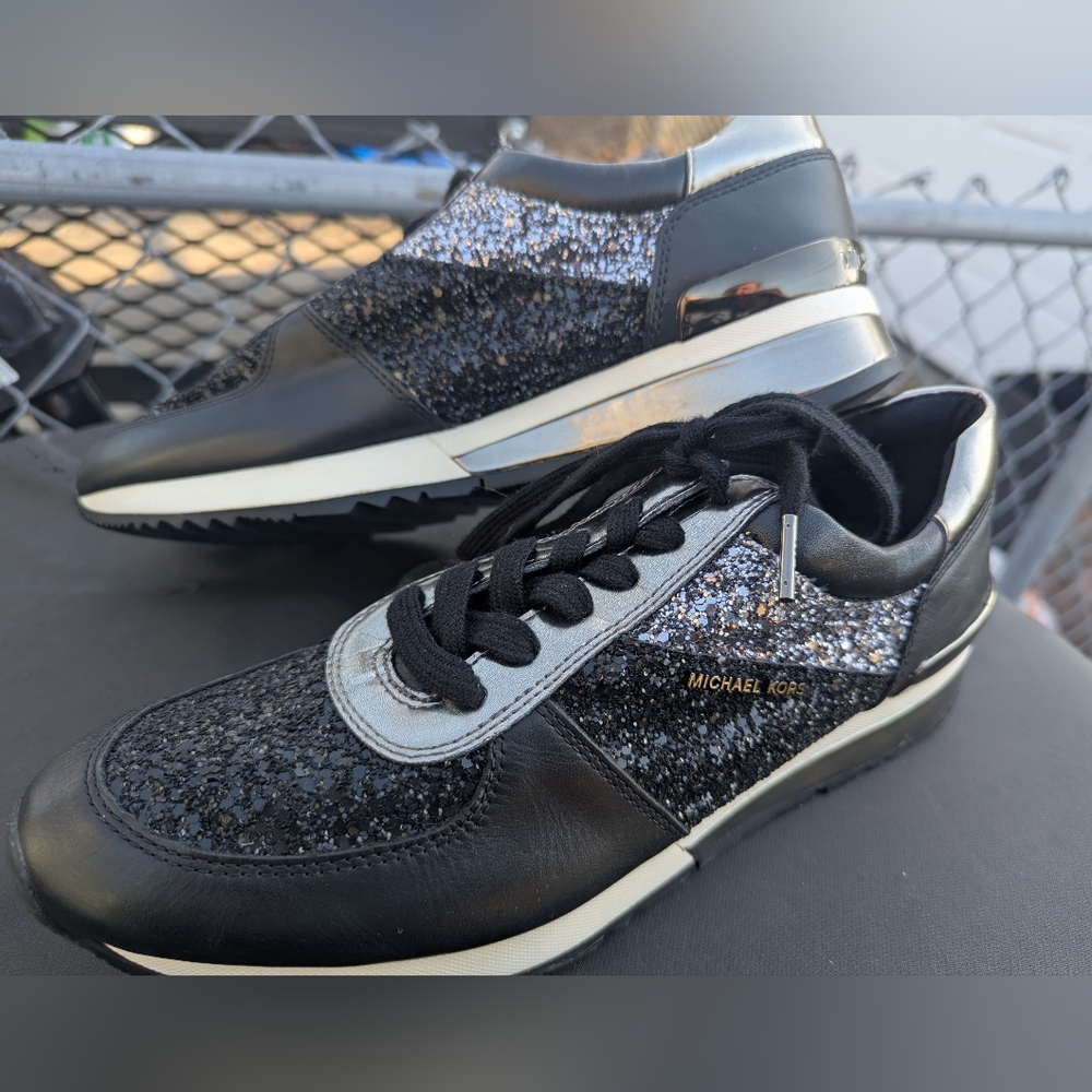 Michael Kors Allie Wrap Black Glitter Sneakers Size 10